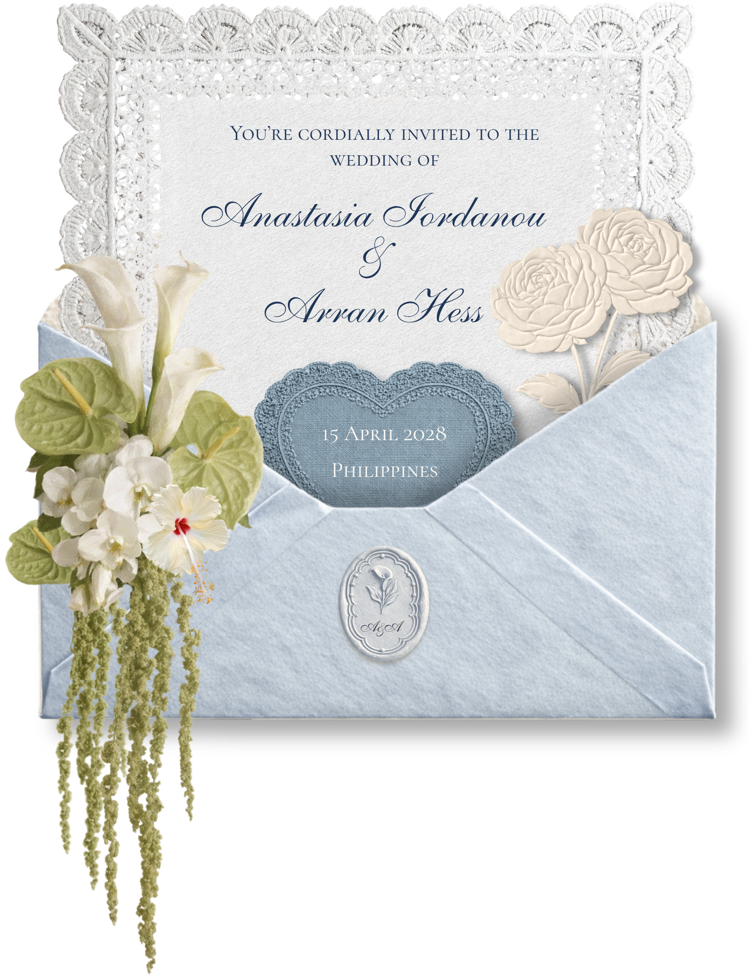Your opened wedding invitation — Anastasia Iordanou & Arran Hess, 15 April 2028, Philippines
