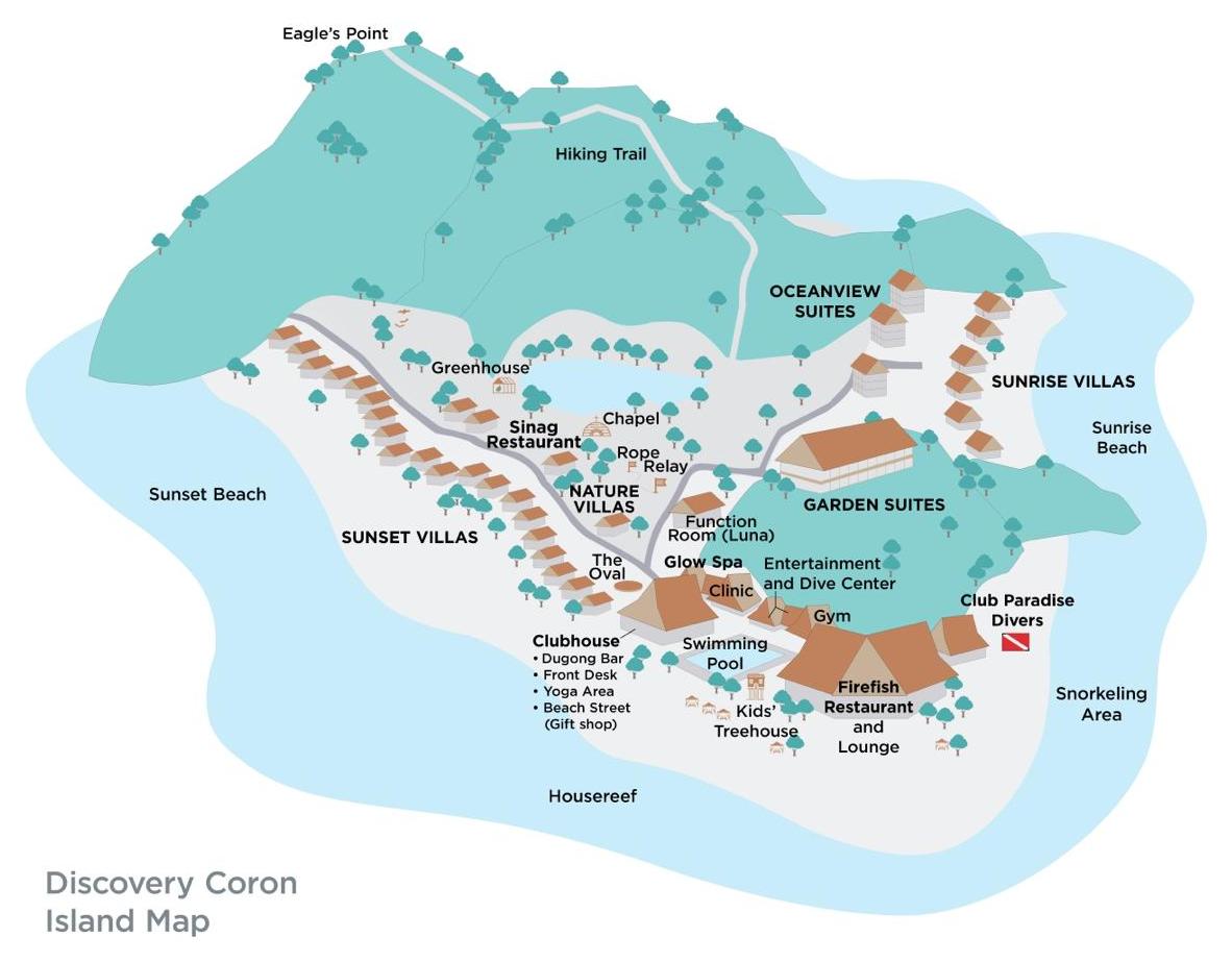 Map of Discovery Coron island showing where each room type sits