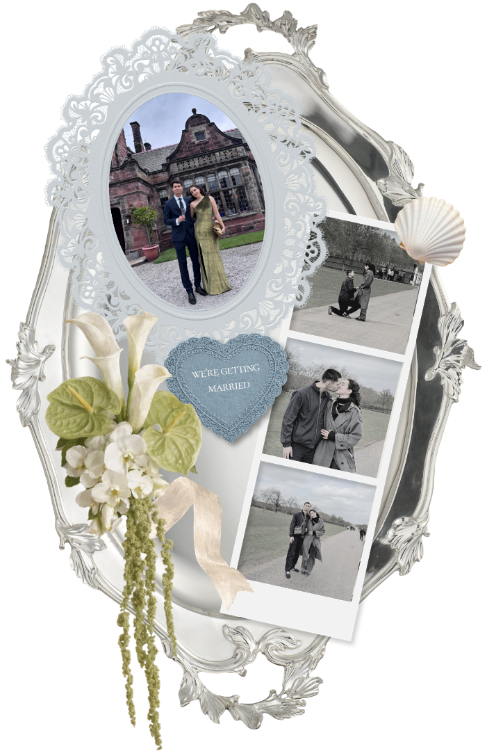 A silver tray with photographs of Arran and Anastasia — we're getting married